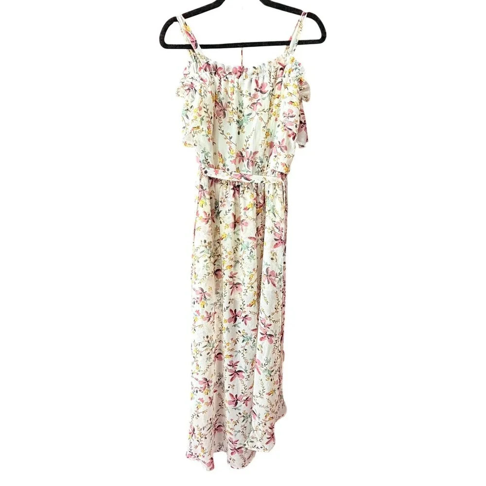 Lily Rose Shorts Romper Maxi Womens S Overlay Floral‎ High Low Open Front White
